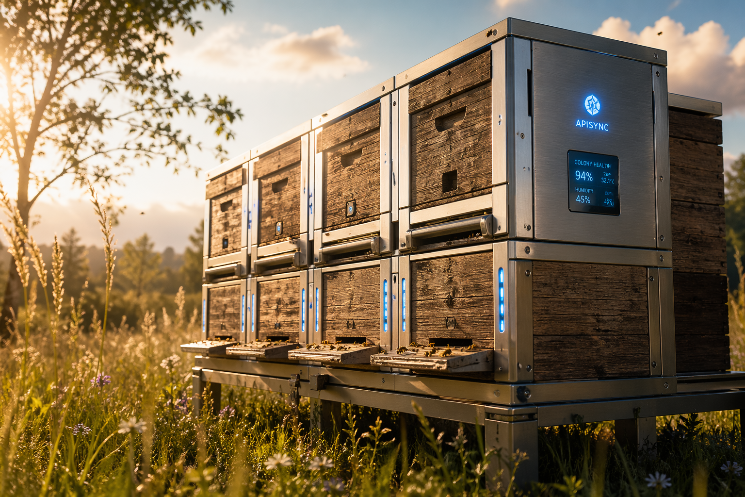 APISYNC — flota de Smart Hives modulares en campo abierto con pantallas de monitoreo